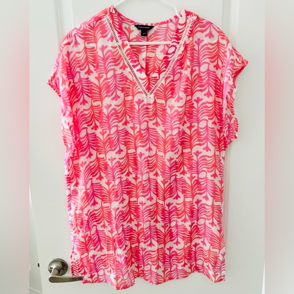 TAHARI Blouse Tank Beach Coverup V Neck Pink White Lattice Inset Sz SP - L